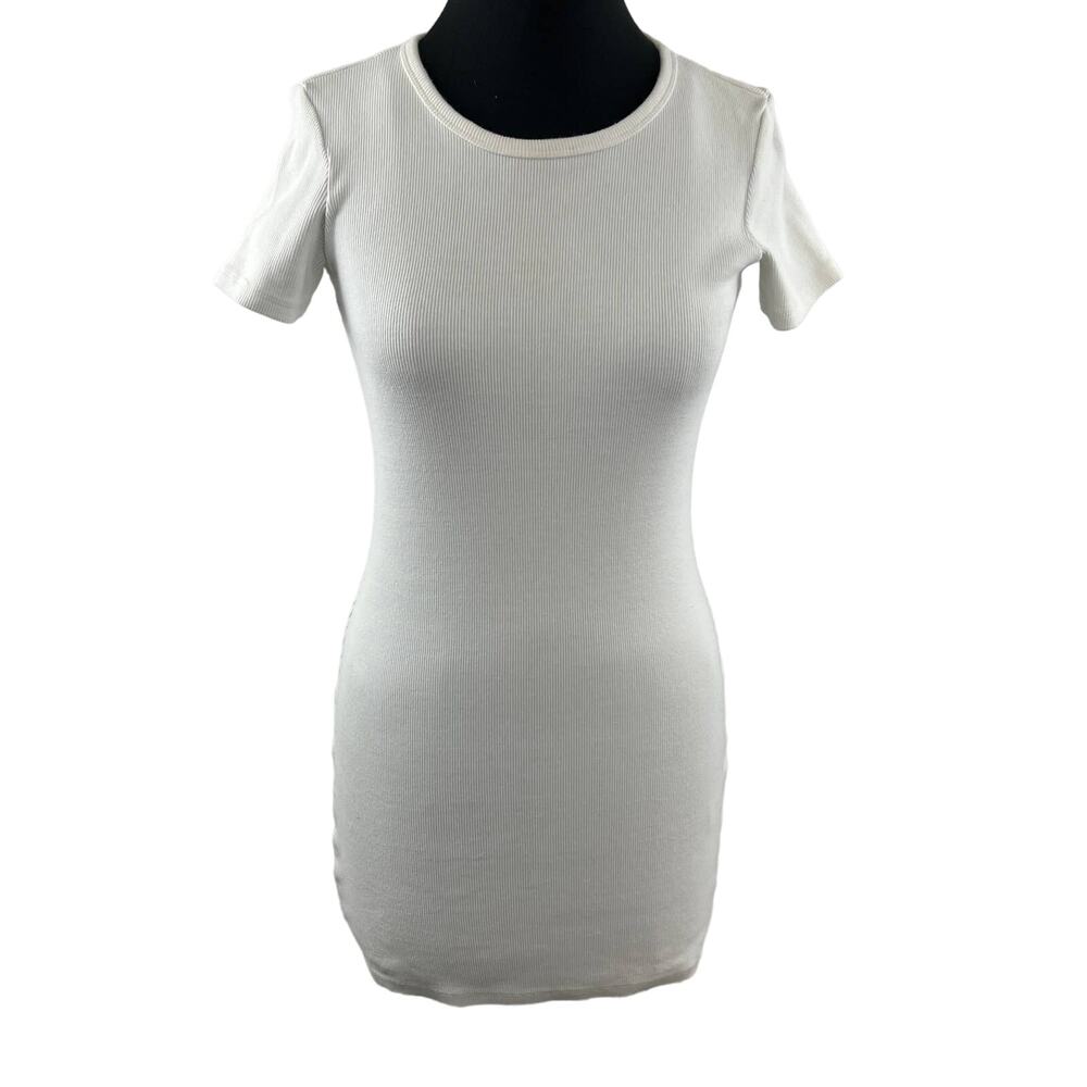 Wilfred Free White Cotton Short Sleeve Round Neck Ribbed Bodycon Dress Size XS